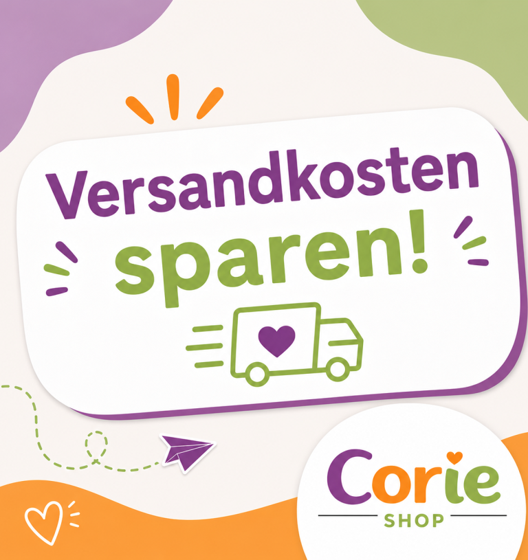 Versandkosten sparen! Versandkosten sparen! Grafik mit einem Lieferwagen und dem Text "Corie Shop".