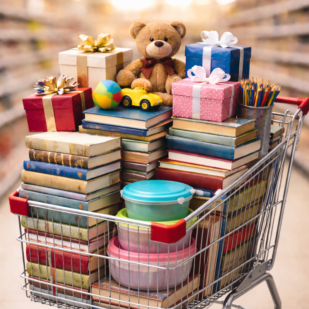 Bücher, Geschenke, Spielzeug und Haushaltswaren Einkaufswagen voller Bücher, Geschenke, Spielzeug und Küchenartikel.