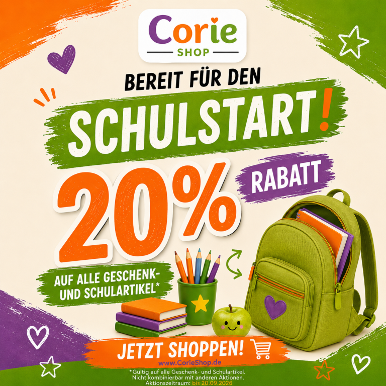 Schulstart-Rabattaktion Grüner Schulrucksack und Stifte, 20% Rabatt auf Geschenk- und Schulartikel.